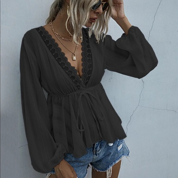 Striped lace v neck boho long sleeve gypsy maroon - Picture 3 of 6